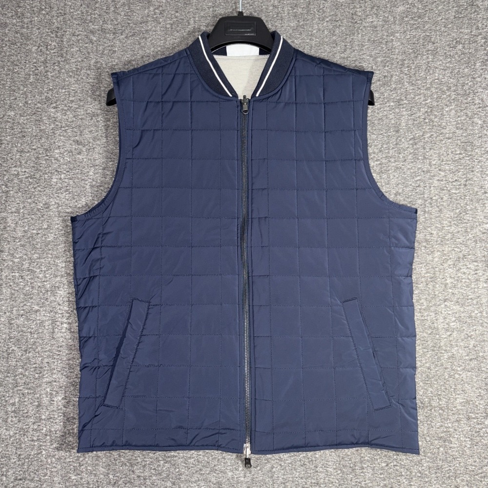 Cremieux Dark Blue Mens Quilted Full Zip Grey Lined Vest - Size Large